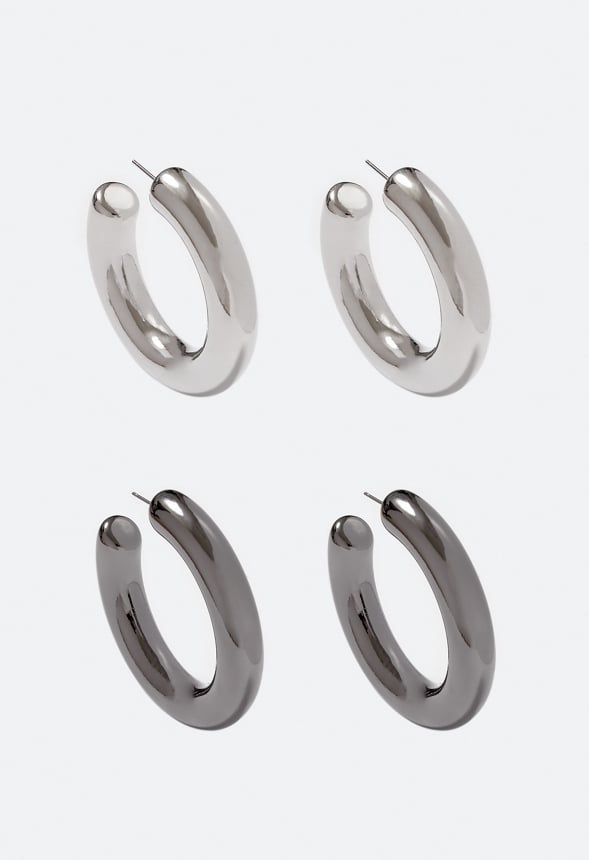 2-Pair Pack Magda Mixed Plating Hoop Earrings Silver/ Gunmetal