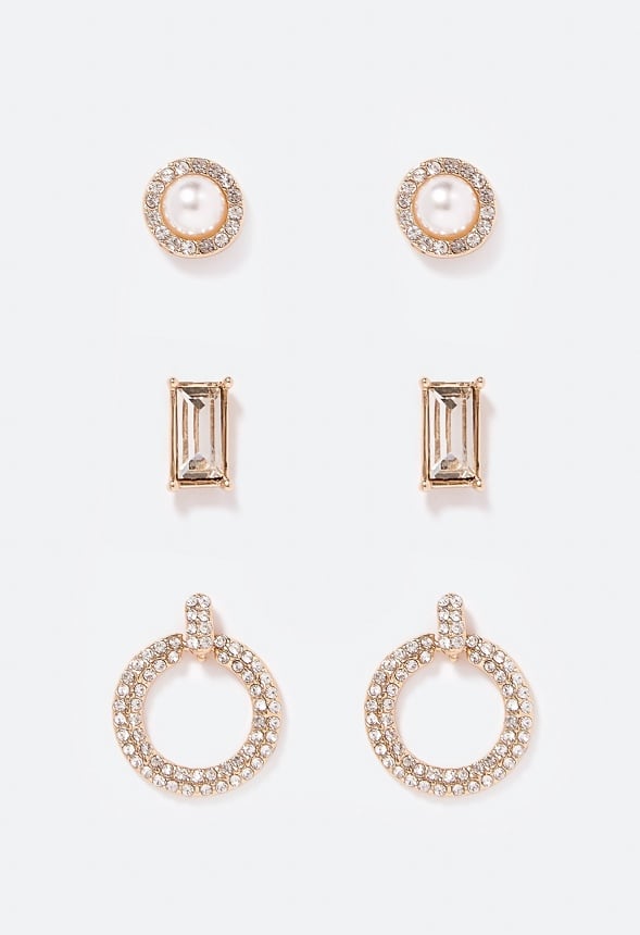 3-Pair Pack Egypt Rhinestone & Pearl Stud Earrings Crystal/ Gold