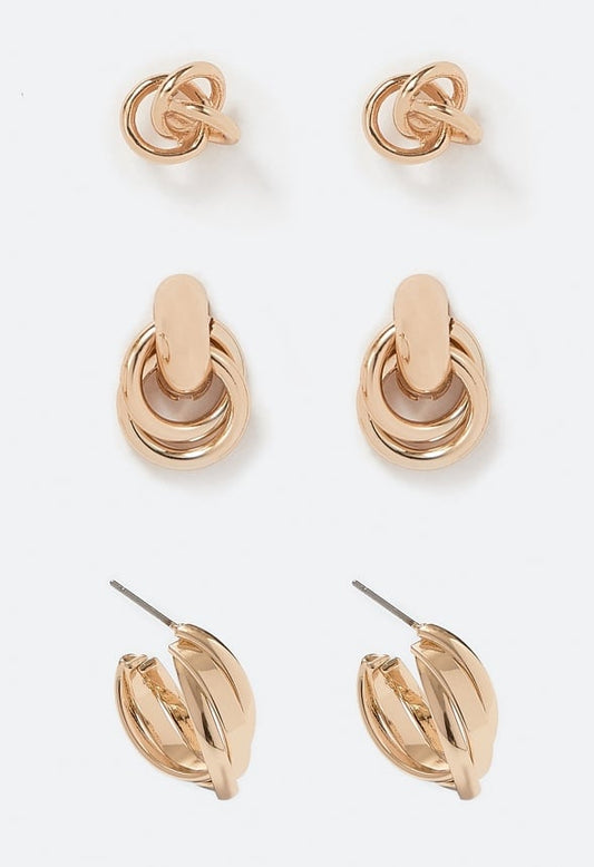 3-Pairs Macy Twisted Knot Mixed Earrings Pack Gold
