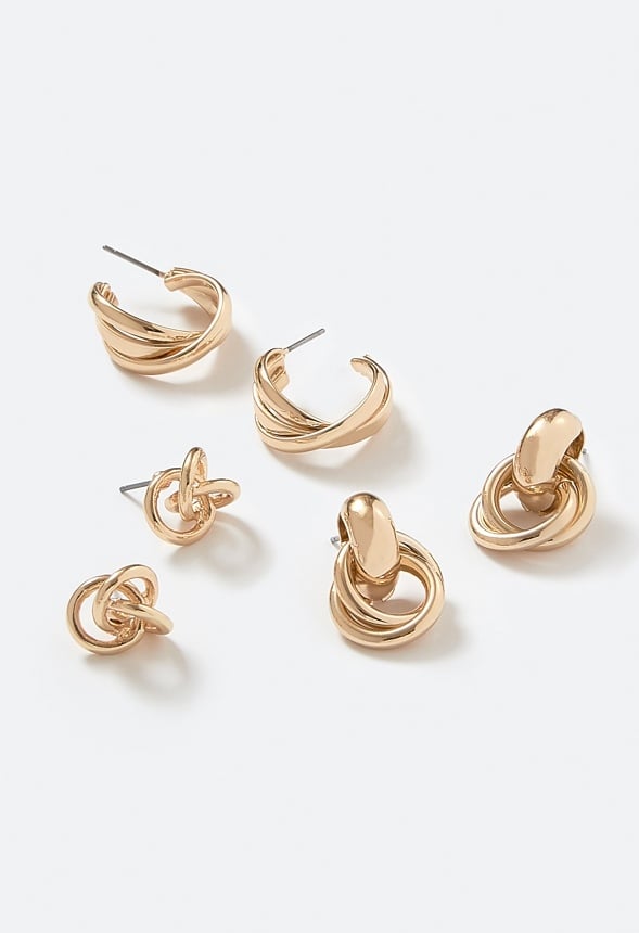 3-Pairs Macy Twisted Knot Mixed Earrings Pack Gold