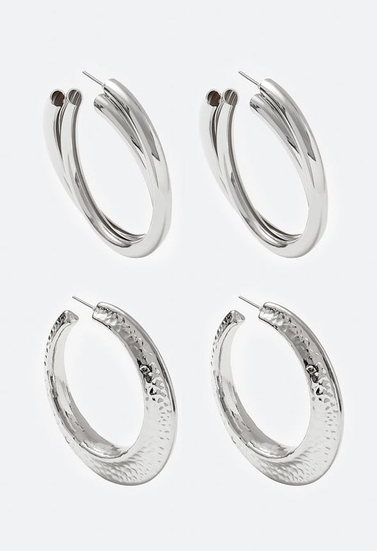 2-Pair Nyra Lightweight Hoops in Hammered Metal and Twist Designs Silver