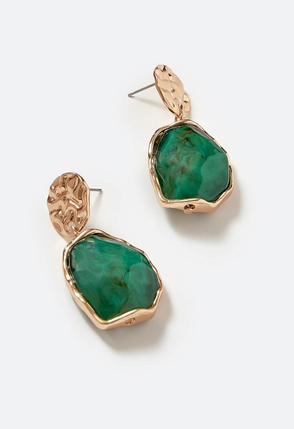 Oma Textured Coin With Irregular Resin Drop Earrings Emerald/ Gold