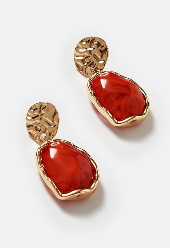 Oma Textured Coin With Irregular Resin Drop Earrings Coral/ Gold