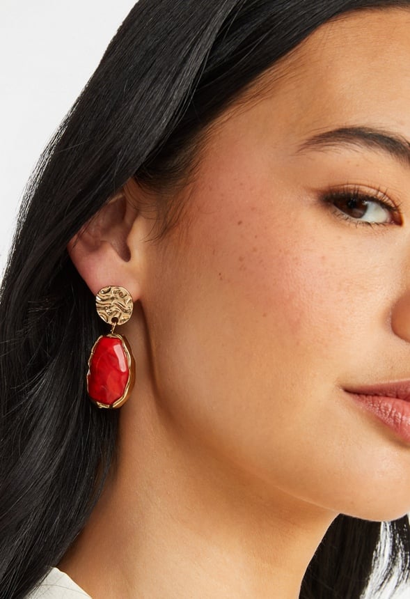Oma Textured Coin With Irregular Resin Drop Earrings Coral/ Gold