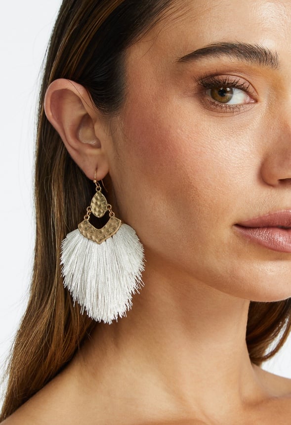 Mei Fringed Hammered Metal Drop Earrings Cream/ Gold