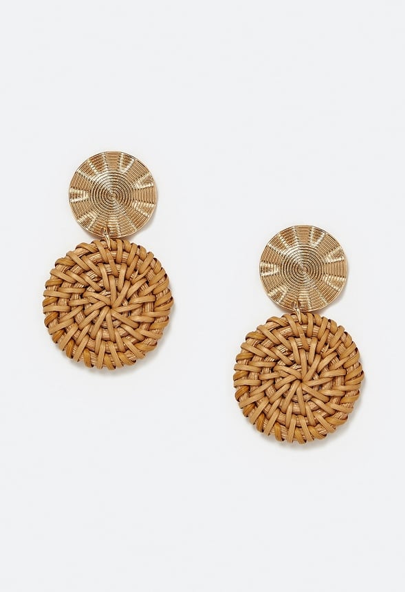 Bia Ribbed Metal And Raffia Double Disc Drop Earrings Gold/ Raffia