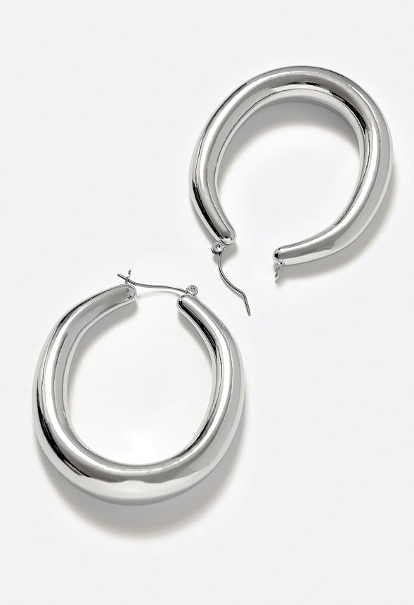 Cay Oval Smooth Tube Hoop Earrings Silver
