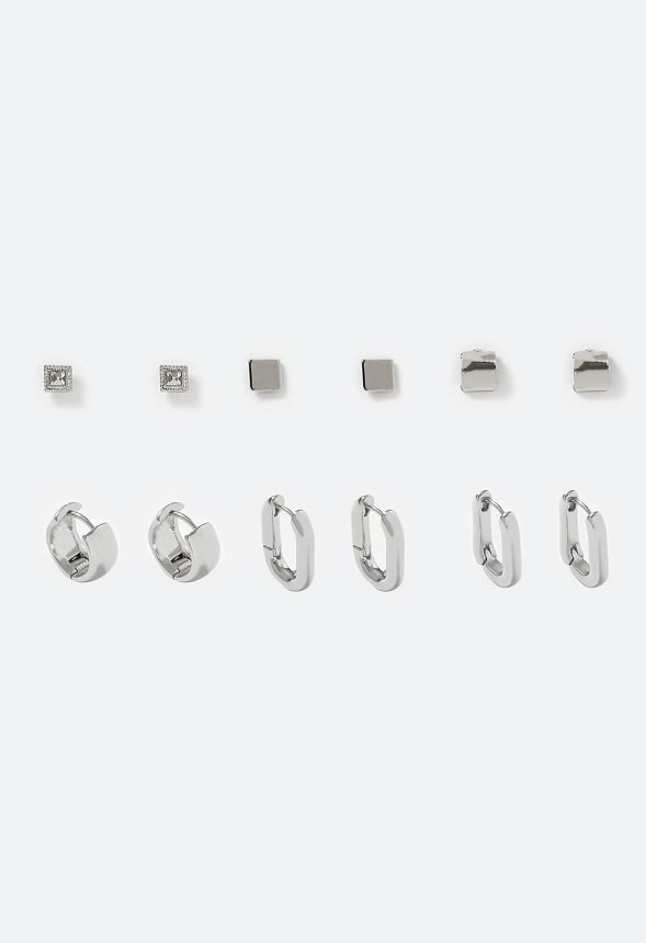6-Pairs Pack Tara Mixed Metal Studs And Hinged Hoops Earrings Silver
