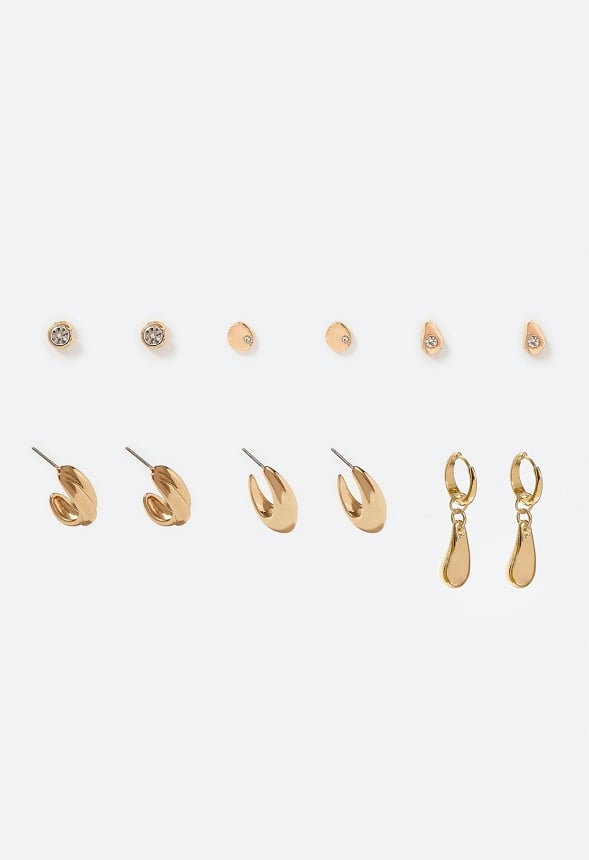 6-Pairs Pack Roq Molten Studs And Organic Hoops Earrings Gold