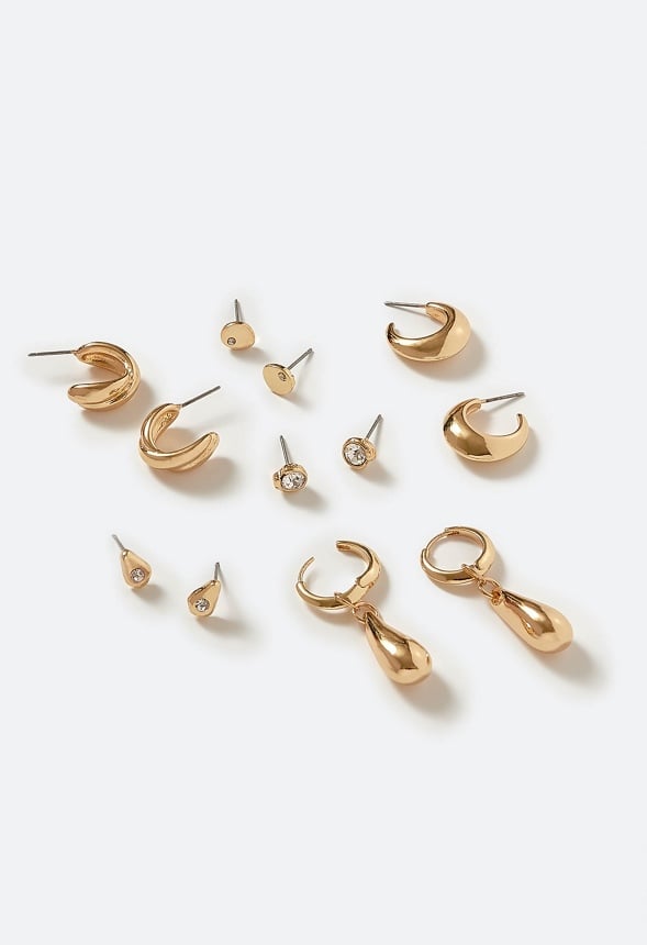 6-Pairs Pack Roq Molten Studs And Organic Hoops Earrings Gold