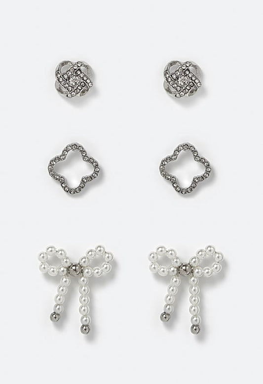 Cora 3 Pair Pack Clover Knot and Pearl Bow Studs Earrings Black/ Silver