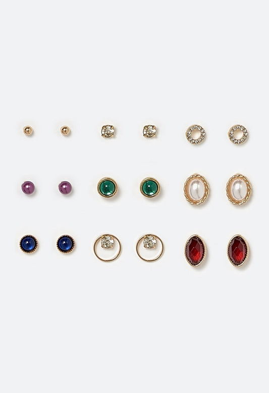 Dalia Multicolour Resin Stones 9 Pair Pack Stud Earrings Multi/ Gold