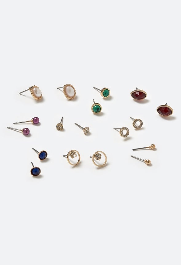 Dalia Multicolour Resin Stones 9 Pair Pack Stud Earrings Multi/ Gold