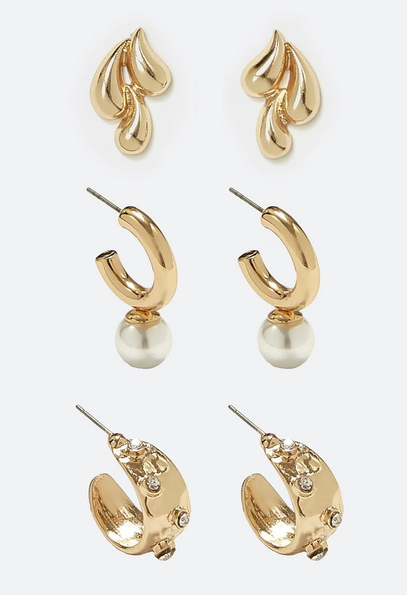 Dori 3 Pairs Pack Glass Pearl & Stones Hoops With Molten Drop Earrings Cream/ Gold