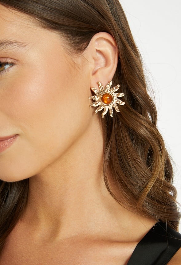 Gina Hammered Metal Sun Stud With Domed Stone Center Brown/ Gold