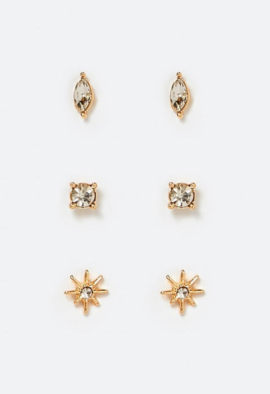 3-Pair Mia Glass Stones Fine Stud Earrings Pack Crystal/ Gold