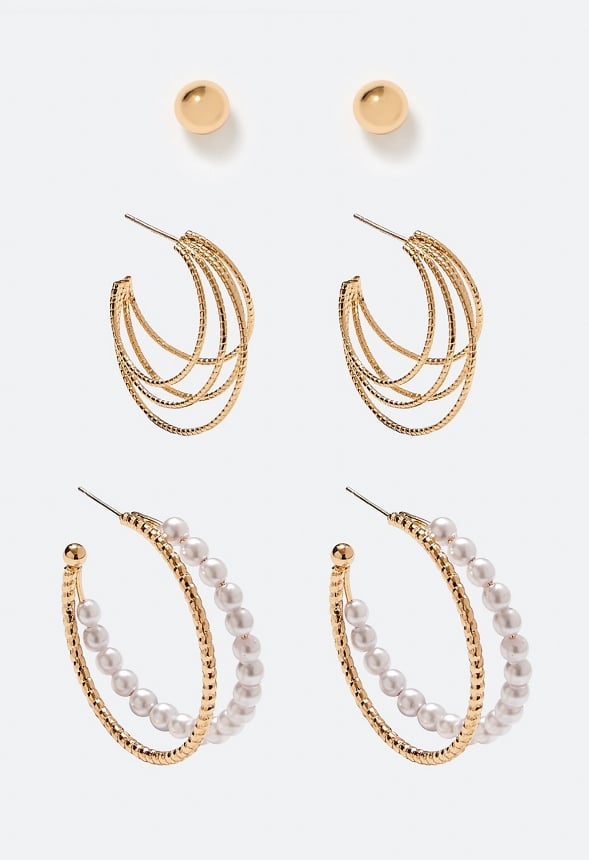 3 Pair Ada Mix Hoops and Domed Stud Earrings Pack Cream/ Gold