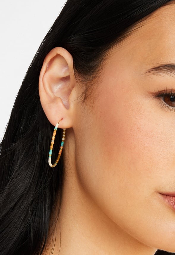 3-Pairs Pack Of Lara Mix Hoop Earrings With Glass Beads Cream/ Blue Mix/ Gold