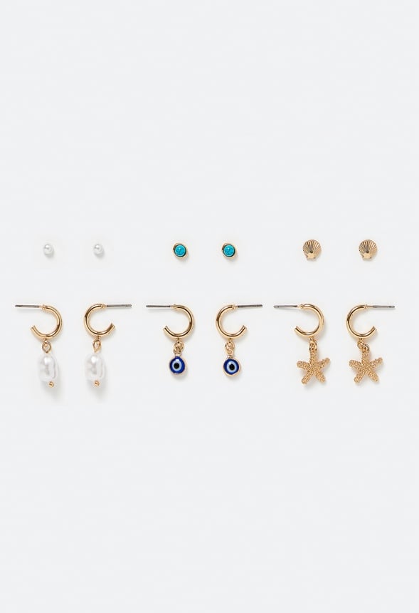 6-Pairs Pack Of Fay Mix Shell And Evil Eye Earrings Cream/ Turquoise/ Gold