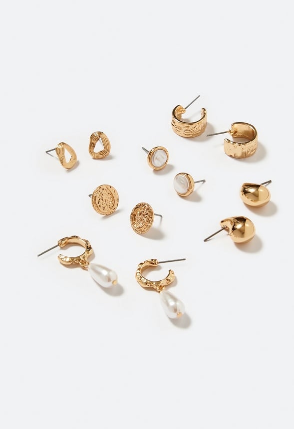 6-Pair Gia Mixed Stud and Hoop Earrings With Pearl Detail Cream/ Gold