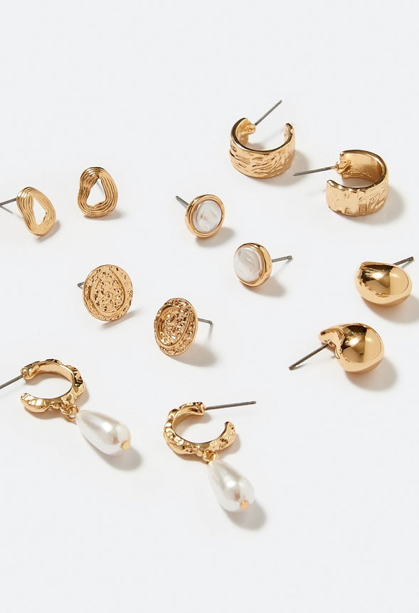 6-Pair Gia Mixed Stud and Hoop Earrings With Pearl Detail Cream/ Gold