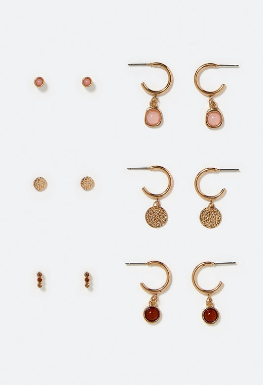 6-Pair Hana Mixed Metal Studs & Hoops With Smooth Stone Inlay  Topaz/ Pink/ Gold Mix