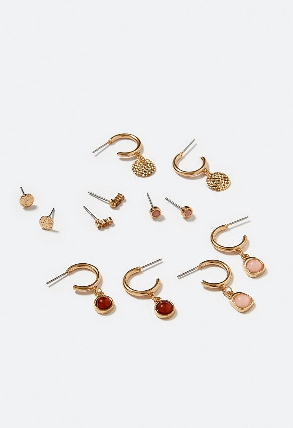 6-Pair Hana Mixed Metal Studs & Hoops With Smooth Stone Inlay  Topaz/ Pink/ Gold Mix