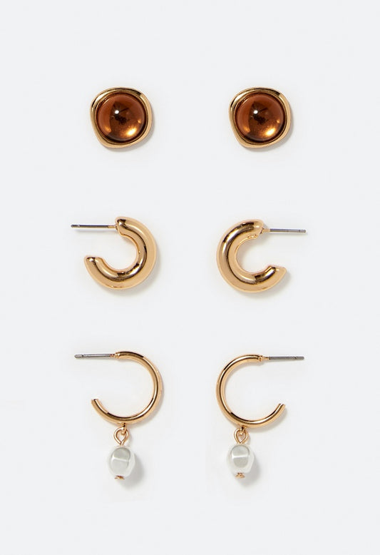 3-Pair Kira Mixed Stud & Hoops With Smooth Stone & Pearl Details Topaz/ Gold