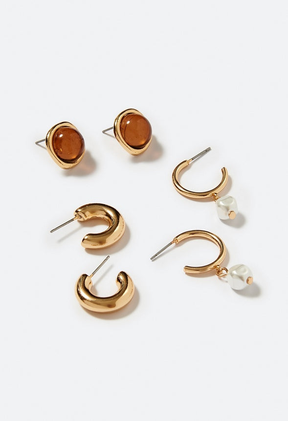 3-Pair Kira Mixed Stud & Hoops With Smooth Stone & Pearl Details Topaz/ Gold
