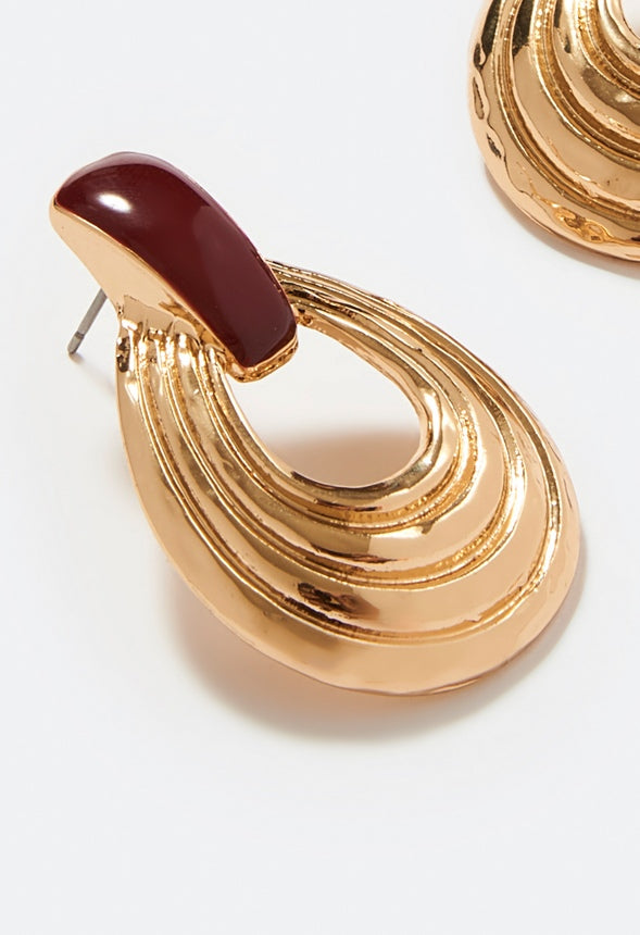 Elle Enamel Inlay Ridged Door Knocker Earring Burgundy/Gold