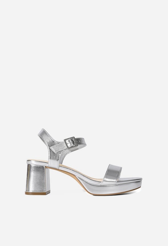Chunky Block Heeled Sandals Silver
