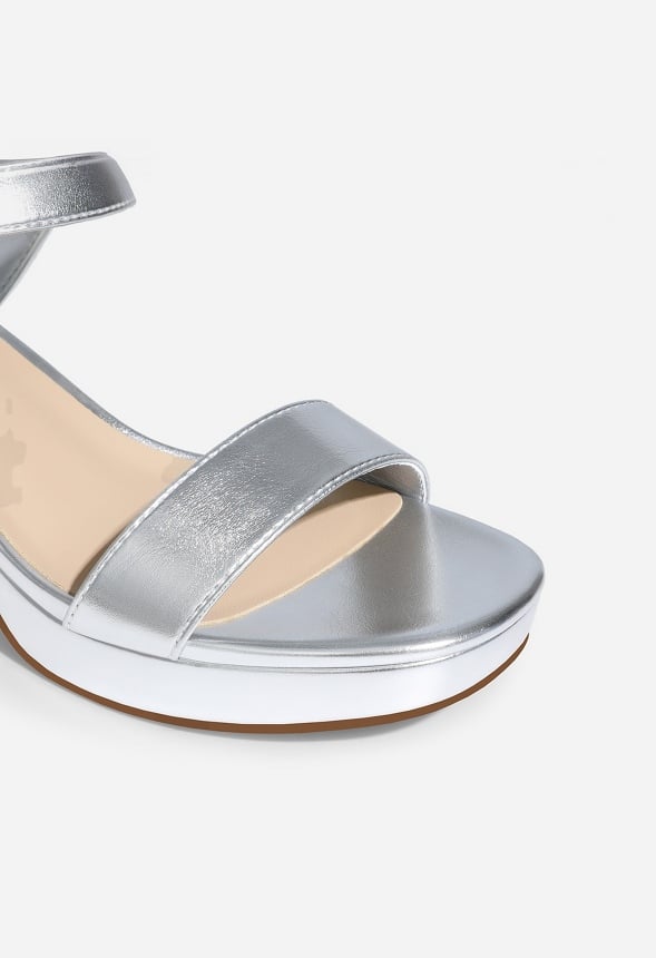 Chunky Block Heeled Sandals Silver