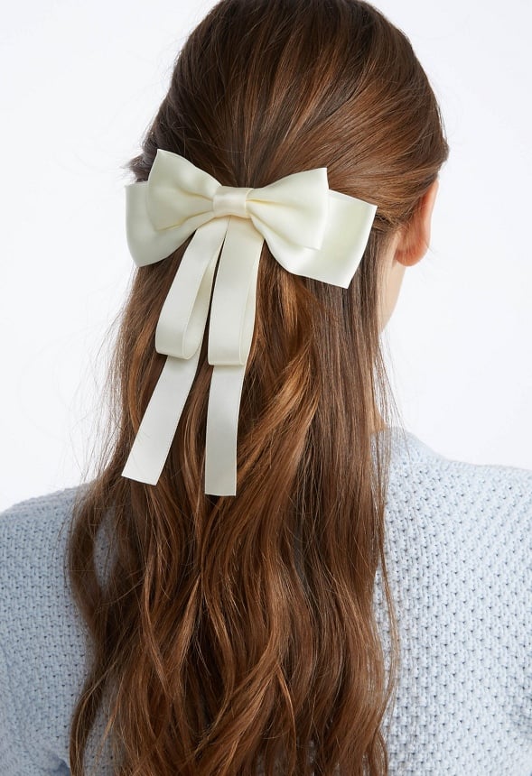 Lynn Double Satin And Ribbon Bow Barrette White/ Gold