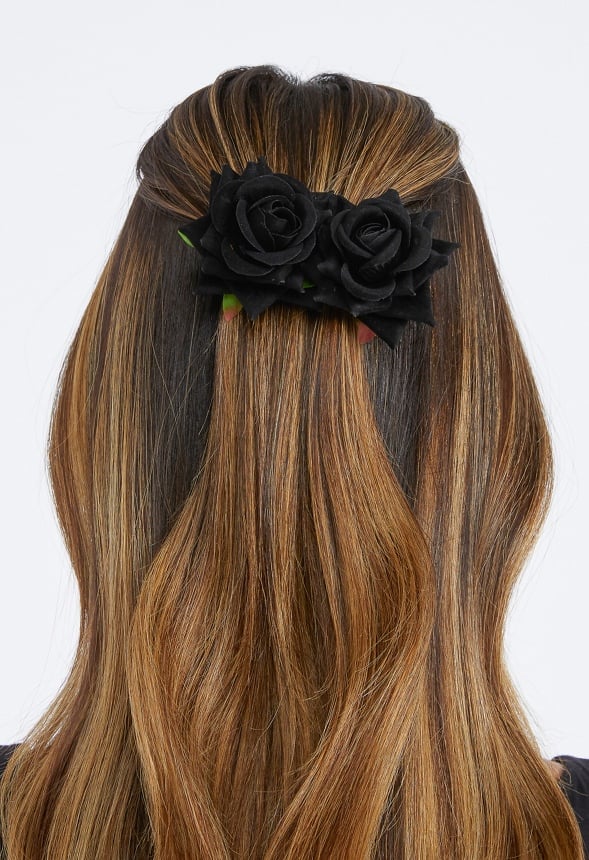 Fara Double Rose On Barette Hair Clip Black