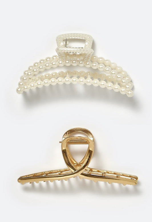 Gina 2 Pack Of Glass Pearl & Smooth Metal Hair Claws Gold/ Cream