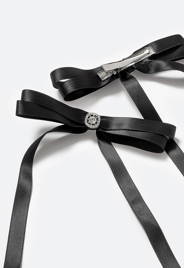 Alto 2 Pack Ribbon Bows With Glass Stone Detail On a Barrette Clip Crystal/ Black