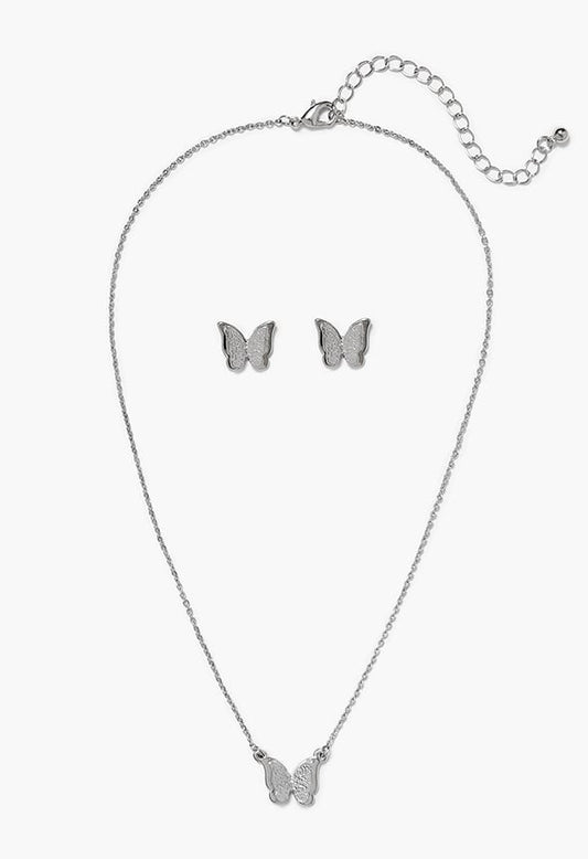 Rosa 3D Butterfly Stud And Pendant Necklace Set Silver