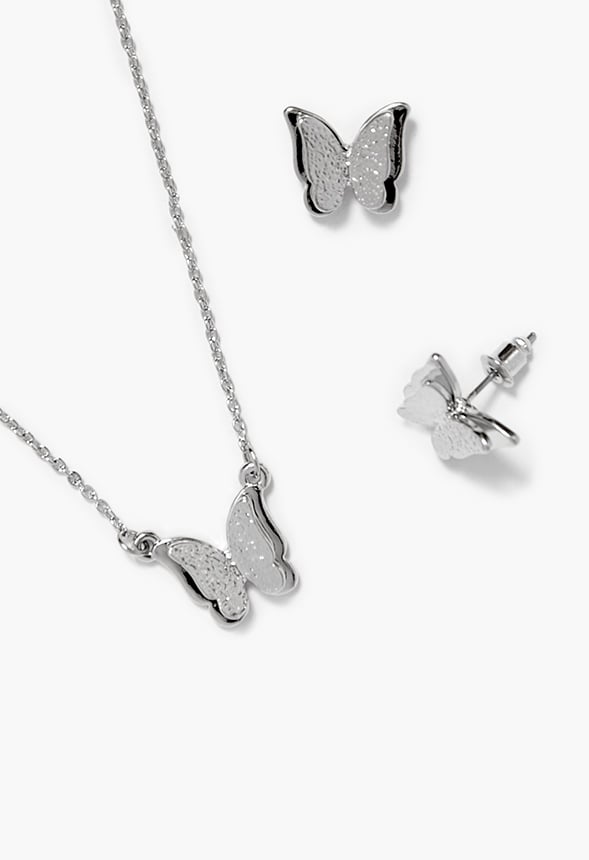 Rosa 3D Butterfly Stud And Pendant Necklace Set Silver