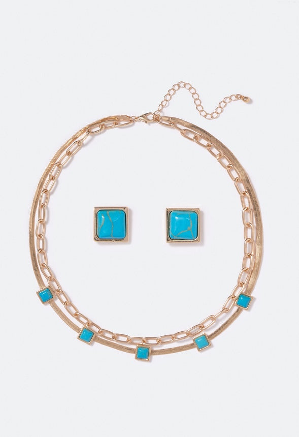 Elena Turquoise Flat Chain Necklace Set Turquoise/ Gold