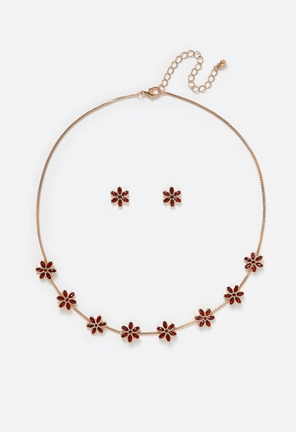 Mara Glass Rhinestones Flower Stud Earrings & Necklace Set Red/ Gold