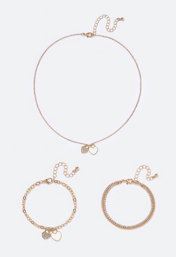 Hava Enamel Heart Necklace And Bracelet Set Cream/ Gold