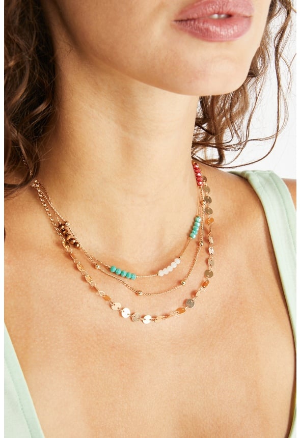Skyla Beads and Chain Layered Necklace Pink/ Teal/ Gold