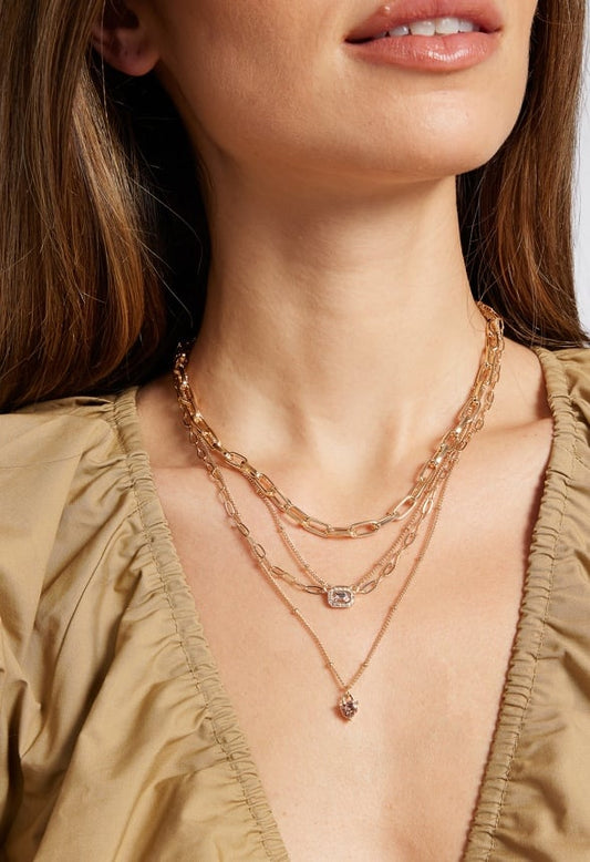 4-Rows Kia Glass Stones Layered Necklace Peach/ Gold