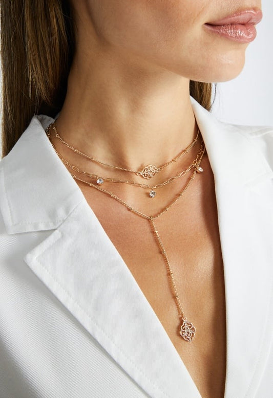 3-Rows Ivy Filigree Charm And Glass Stone Crystal Y Necklace Gold/ Crystal