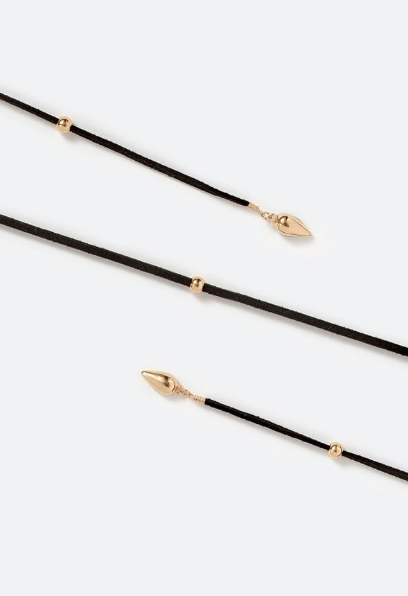 Vea Wraparound Faux Suede Lariat With Molten Teardrop Charms Black/ Gold