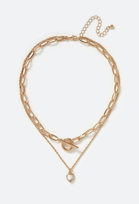 2-Rows Rue Oval Chain With T-Bar And Glass Heart Necklace Crystal/ Gold