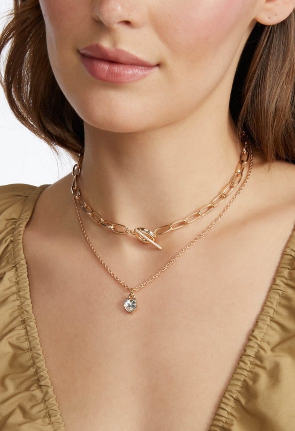 2-Rows Rue Oval Chain With T-Bar And Glass Heart Necklace Crystal/ Gold