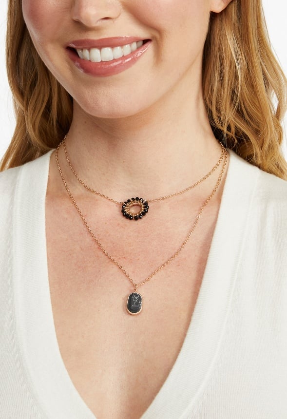 Kali 2 Row Glass Beads Ring With Stone Drop Layer Necklace Black/ Gold