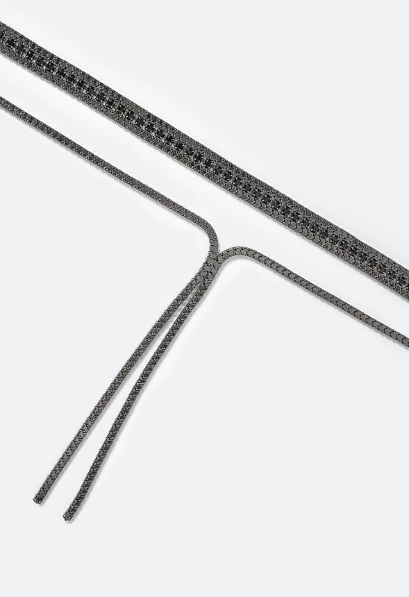 Ella 2 Row Box Chain & Glass Stone Necklace With Y Drop Jet/ Gunmetal