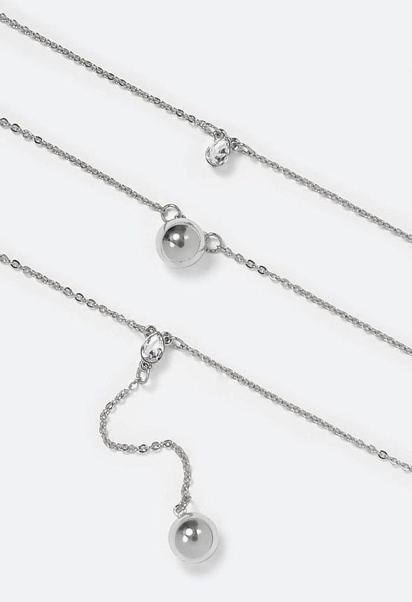 Lana 3 Rows Metal Beads And Glass Stone Drops Necklace Silver